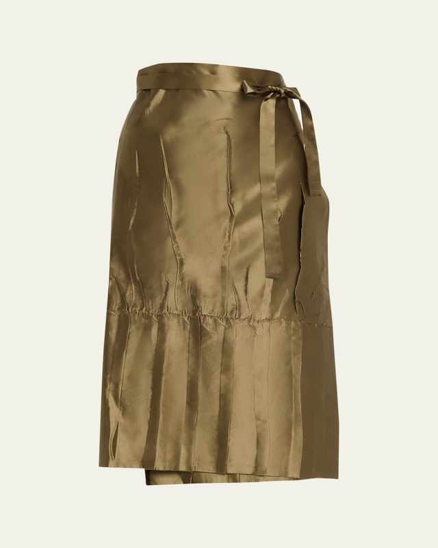 Apron Pleated Satin Midi Wrap Skirt
